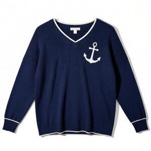 Belle by Kim Gravel Rib Knit Sweater V Neck Anchor Navy Blue L NWOT